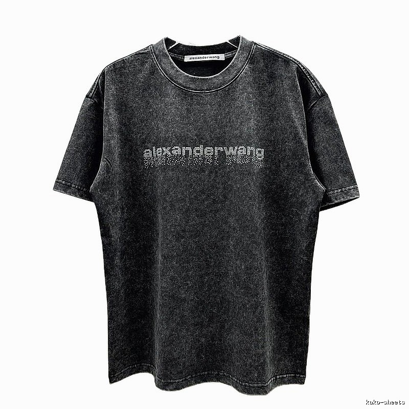 Alexander Wang Rhinestone-embellished Distressed Charcoal Black Short-sleeve T-shirt