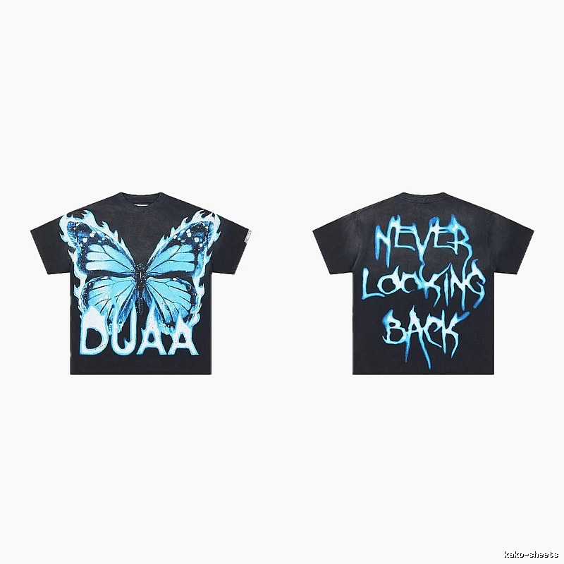 DUAA Butterfly Print Street Style Black and Blue Short-sleeved T-shirt