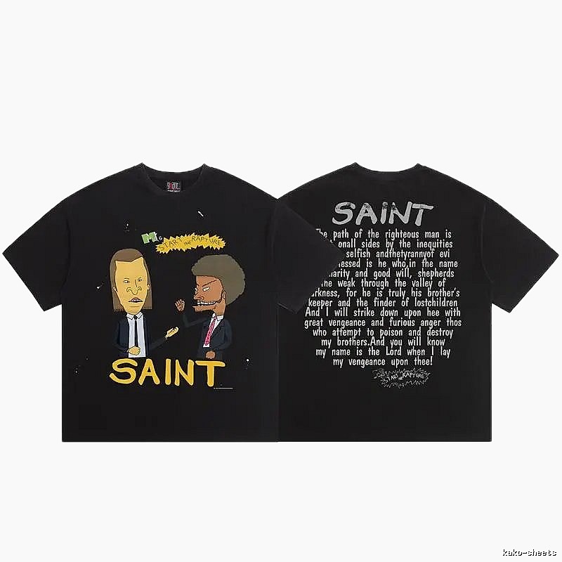 SAINT Cartoon Print American Style Black T-Shirt