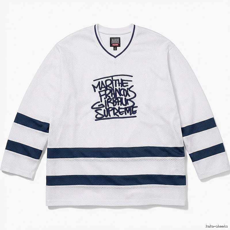 Supreme graffiti-style white and blue jersey