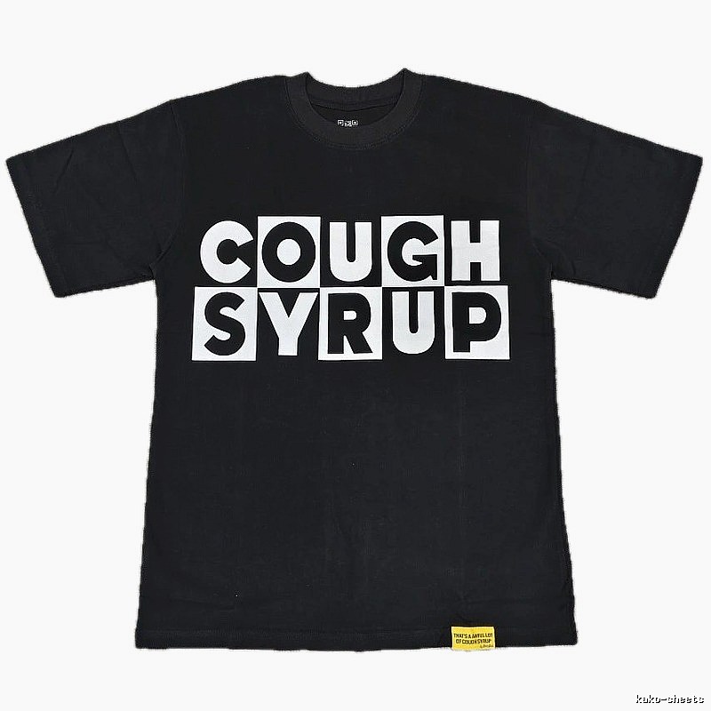 Black street-style short-sleeve T-shirt with COUGH SYRUP print