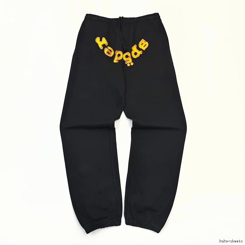 Bold Yellow Wordmark Graphics And Cuffed Hems Black Sp5der Logo Sweatpants