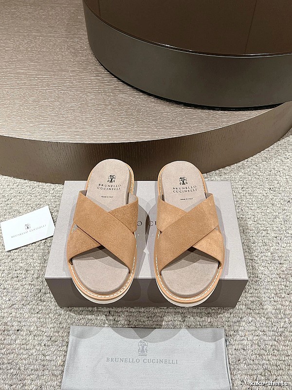 Brunello Cucinelli Casual-style Camel Cross-strap Slide Sandals