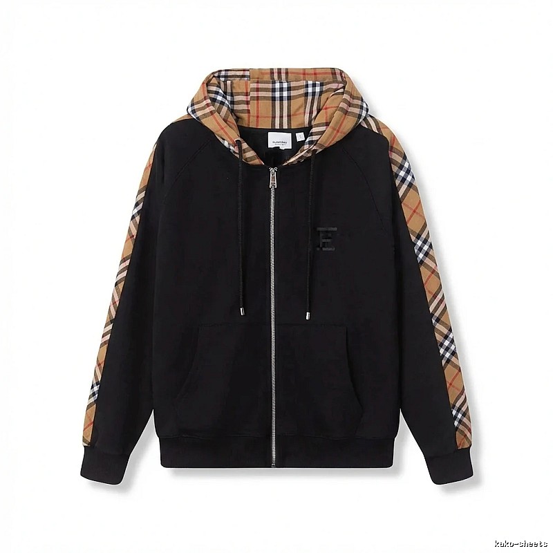 Burberry checkered pattern spliced black hoodie