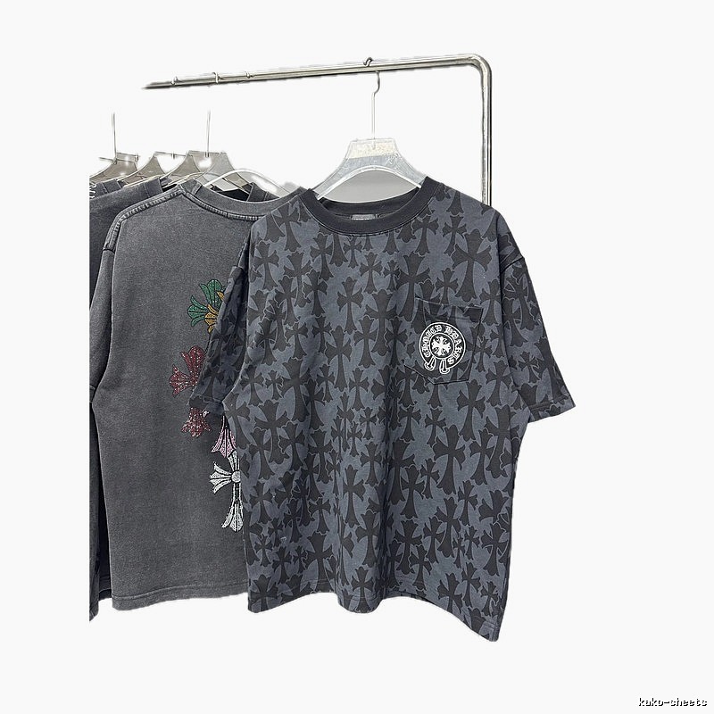 Chrome Hearts All-over Cross Print High Street Style Black and Gray T-Shirt