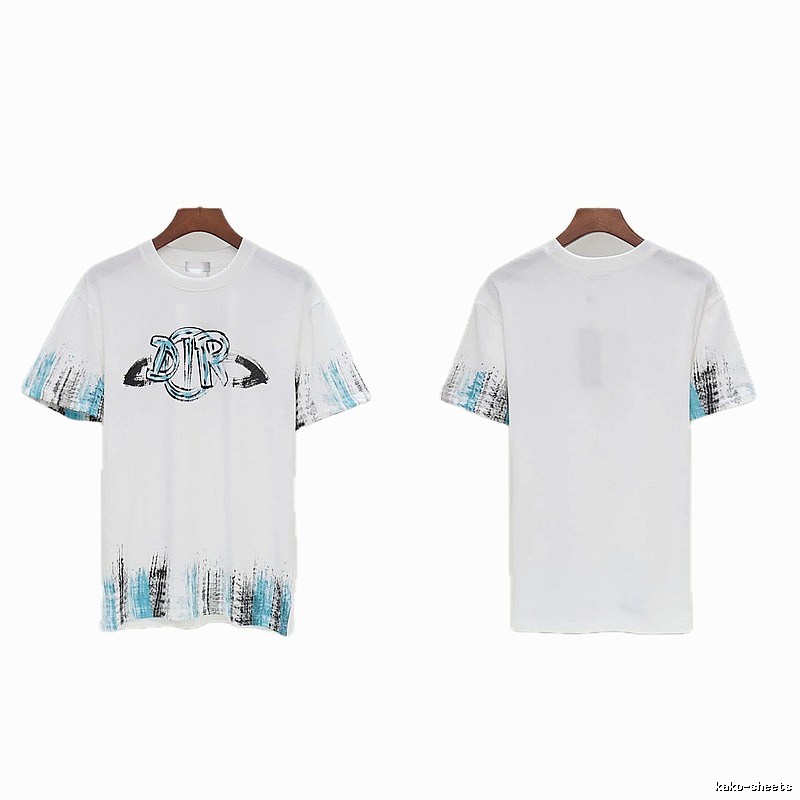 Dior Graffiti Collection Street Style White and Blue Short-sleeve T-shirt