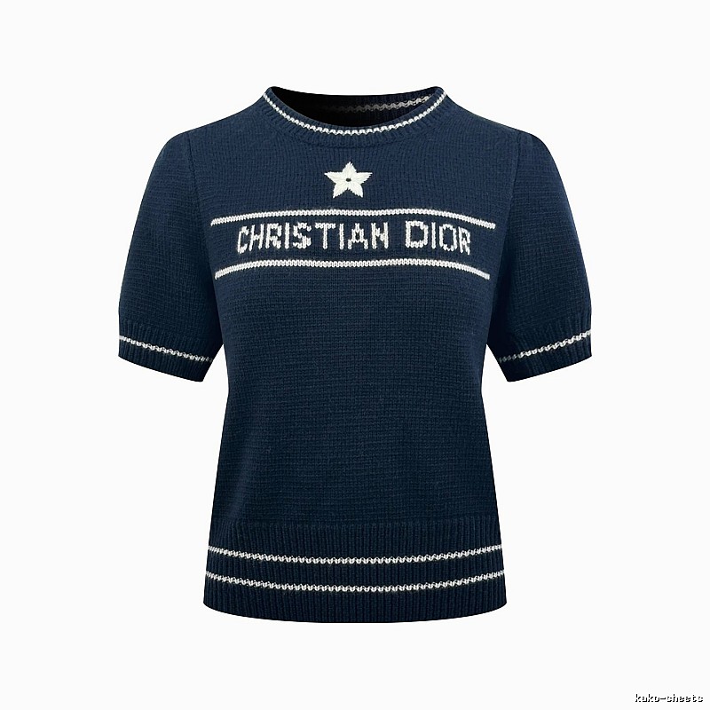 Dior Short Sleeve Knit Sweater with Cream Trim and Star Detail