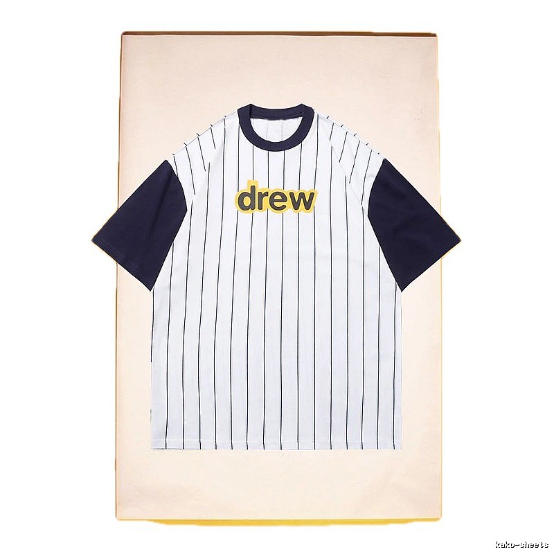 DREW Letter Print Street Style White and Navy Blue Short Sleeve T-Shirt