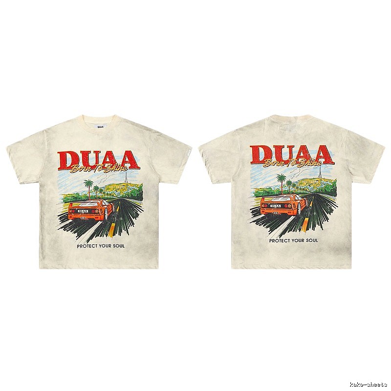DUAA Sports Car Print American Retro Off-white Short Sleeve T-Shirt