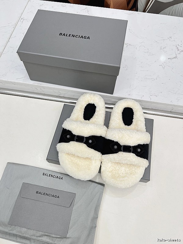 Fuzzy Slide Slippers by Balenciaga with Cream Shearling-look Strap