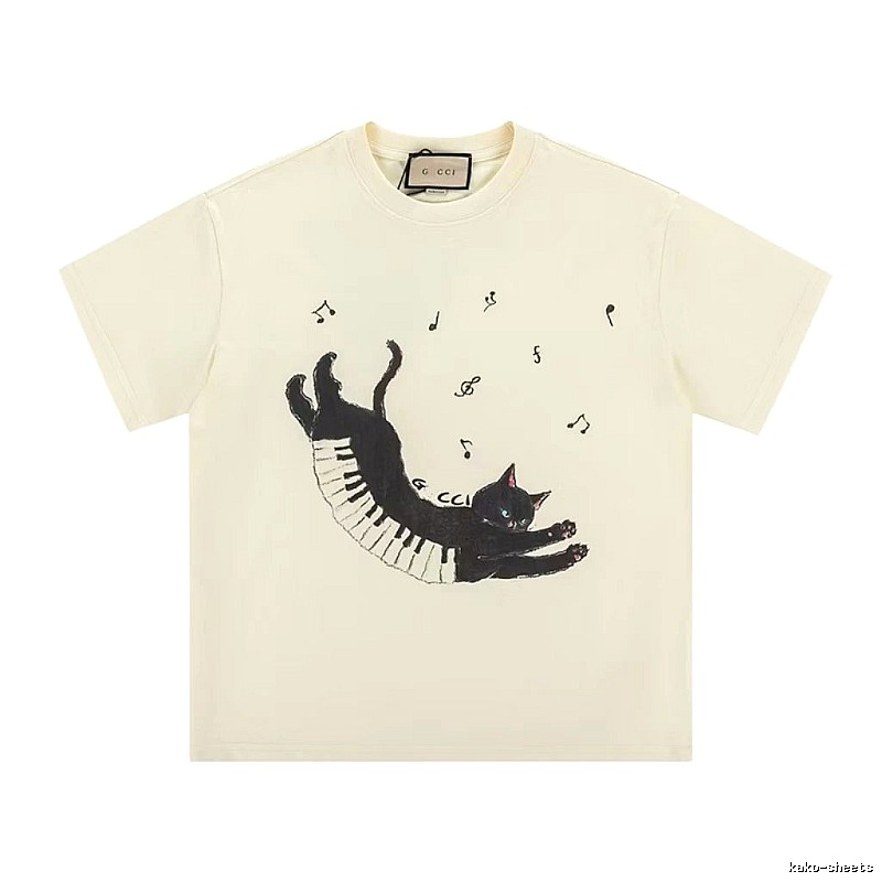 Gucci Artistic Style Cat Print Off-white Short-sleeve T-shirt