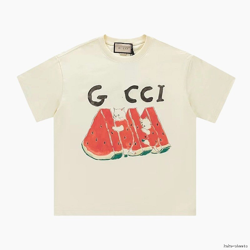 Gucci Cat and Watermelon Printed Off-white Casual T-Shirt