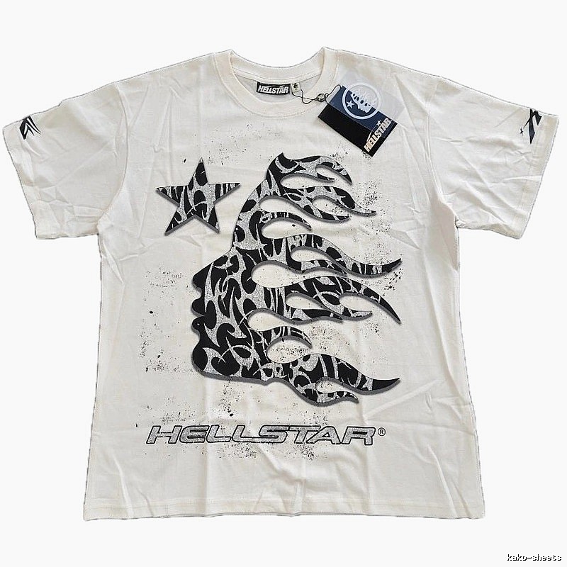 Hellstar Flame Print Street-style Off-white T-shirt