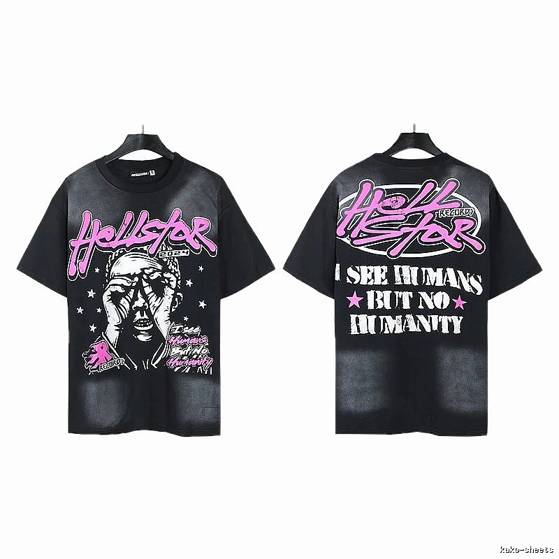 Hellstar Portrait Print Street Style Black and Pink Short-sleeve T-shirt