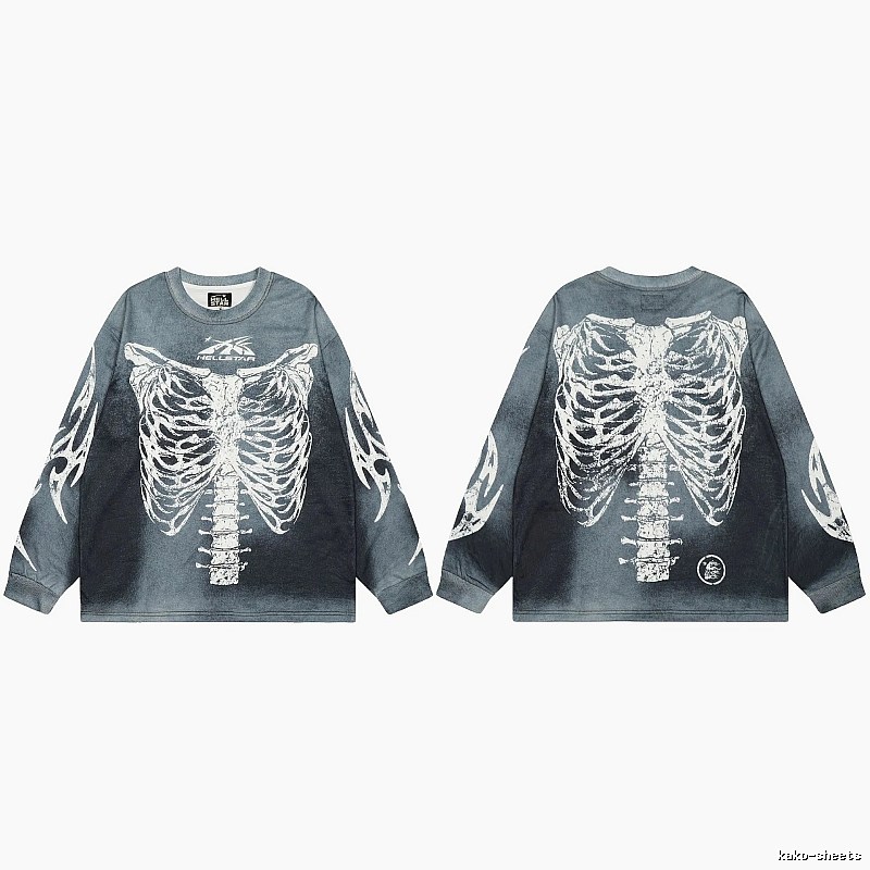 Hellstar Skull Print Street Style Vintage Grey Long Sleeve T-shirt