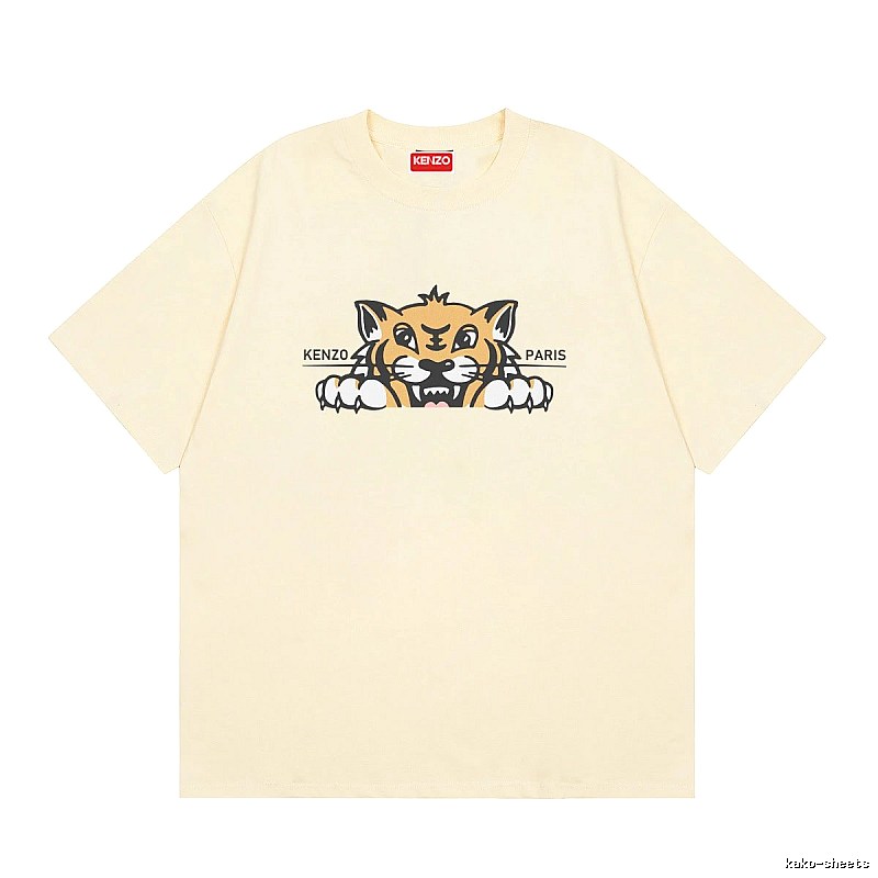 KENZO Tiger Head Print Streetwear Style Beige Short Sleeve T-Shirt