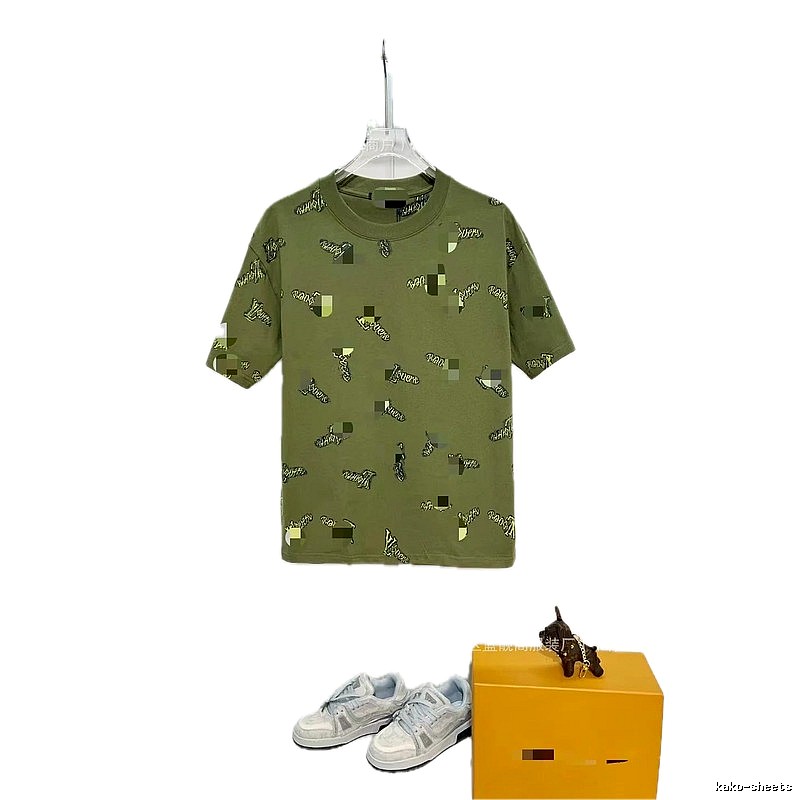 Louis Vuitton All-over Print Streetwear Military Green Short-sleeve T-shirt