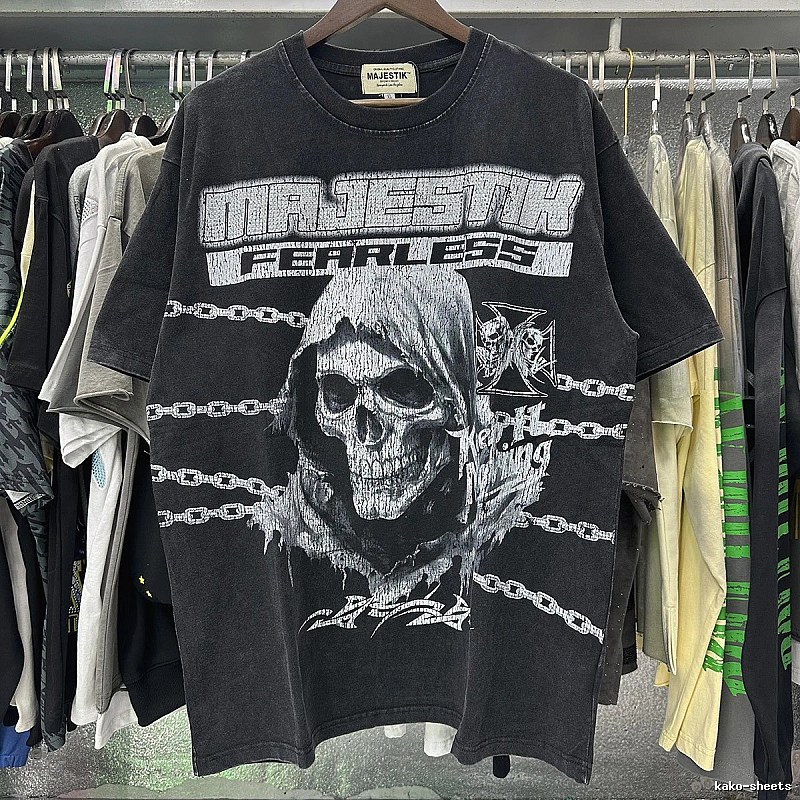 MAJESTIK Skull Print Dark Style Washed Black T-shirt