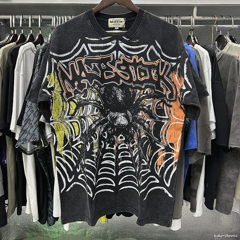 MAJESTIK Spider Street Style Distressed Black Short-sleeve T-Shirt