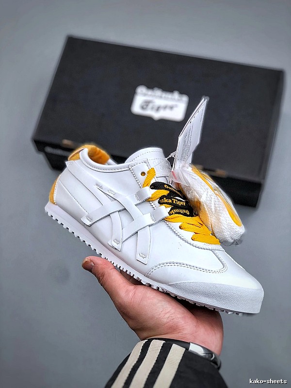 Onitsuka Tiger White and Yellow Low-Top Sneakers Highlighting Vintage-Inspired Shape