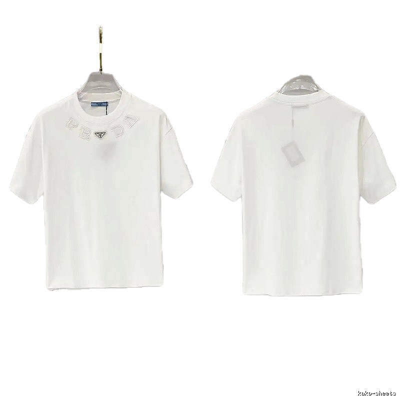 Prada Embroidered Minimalist Style White Short-sleeved T-shirt