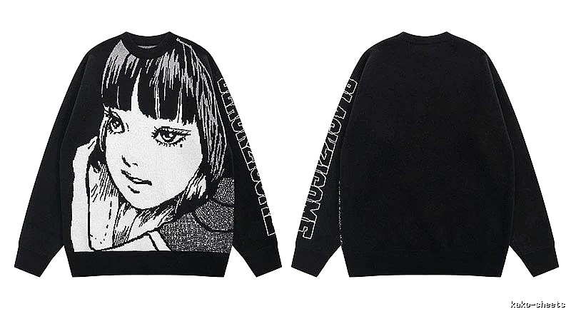 Relaxed Anime graphic sweater Black Knit Top with Versatile Design